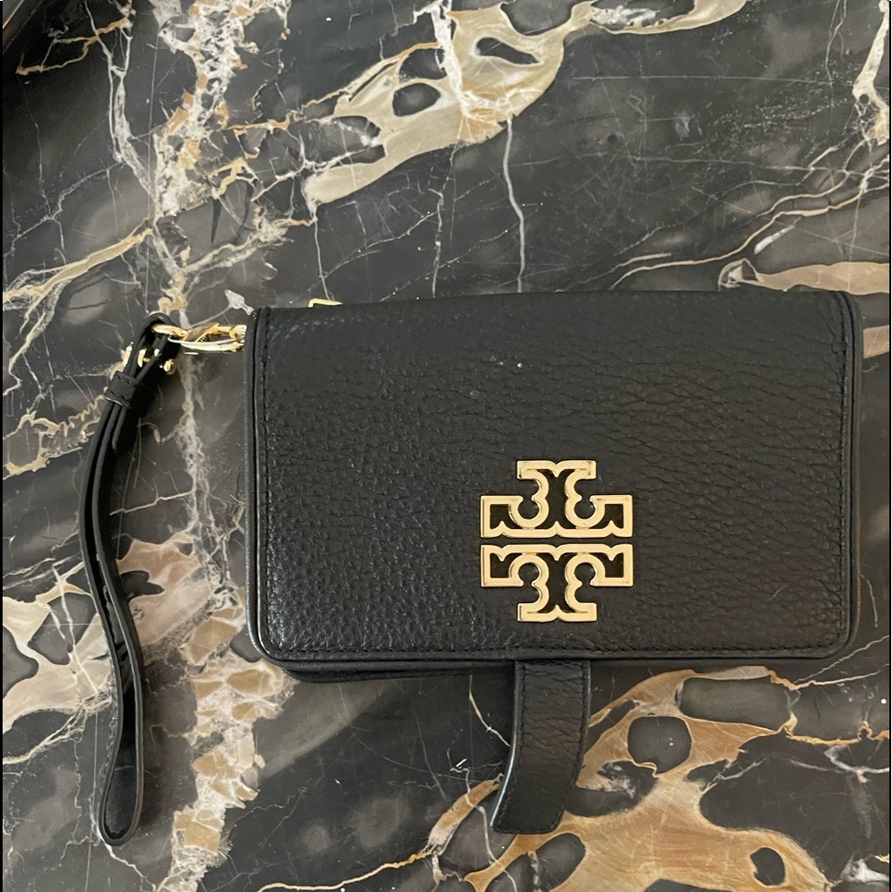 Tory Burch black grain leather -Wristlet mini multiple uses and compartments.